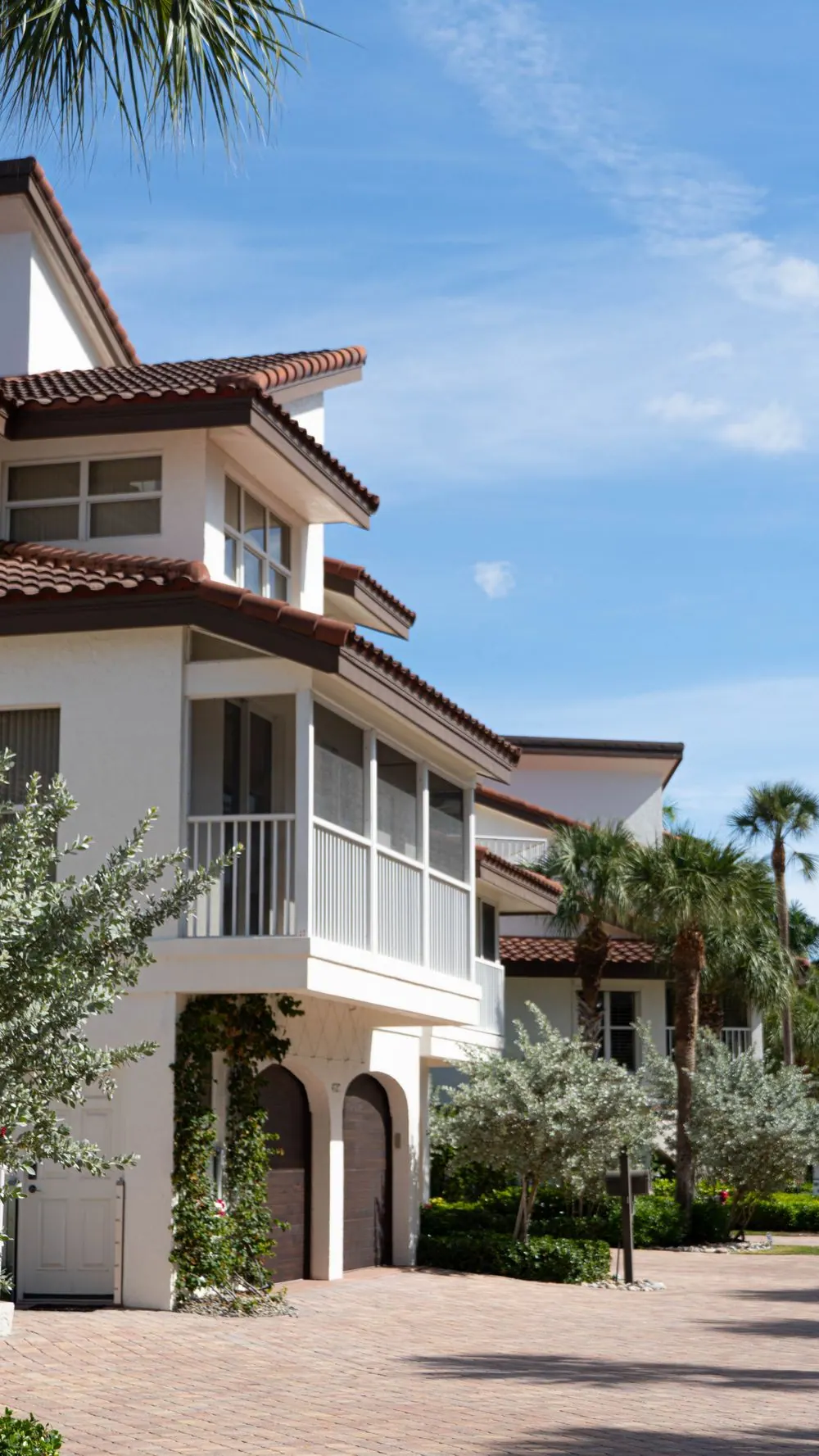 Mediterranean beachfront home with palms in Florida